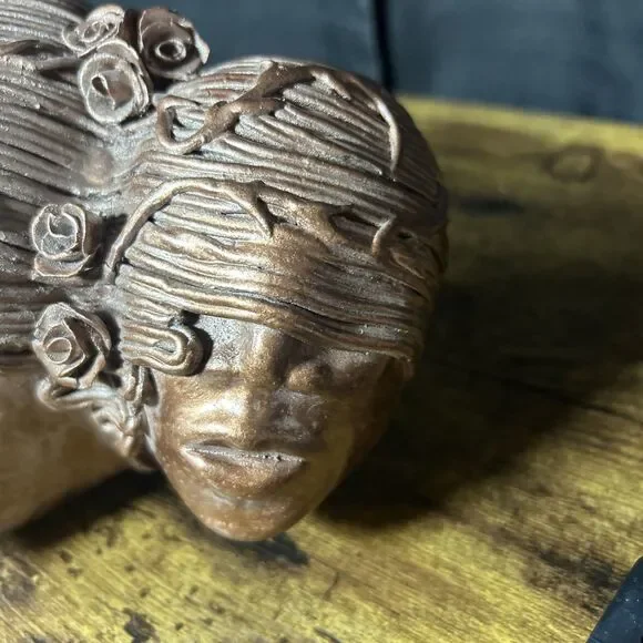 Sculptural Wall Art 3 Faces Blinded Rose Vines Hair Bronze Color Unity Entangle - Picture 5 of 11